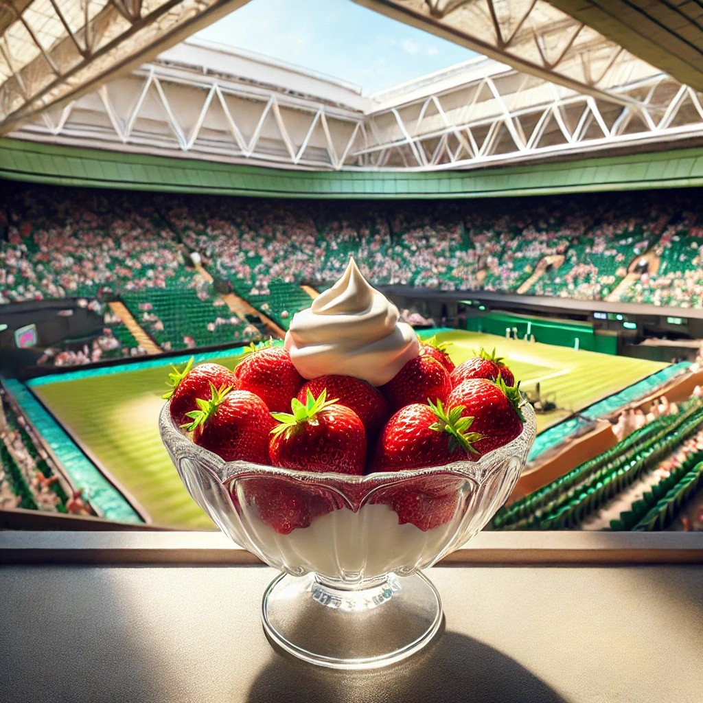 Fraises à la crème dans un bol en verre posées devant un court de tennis couvert, ambiance Wimbledon