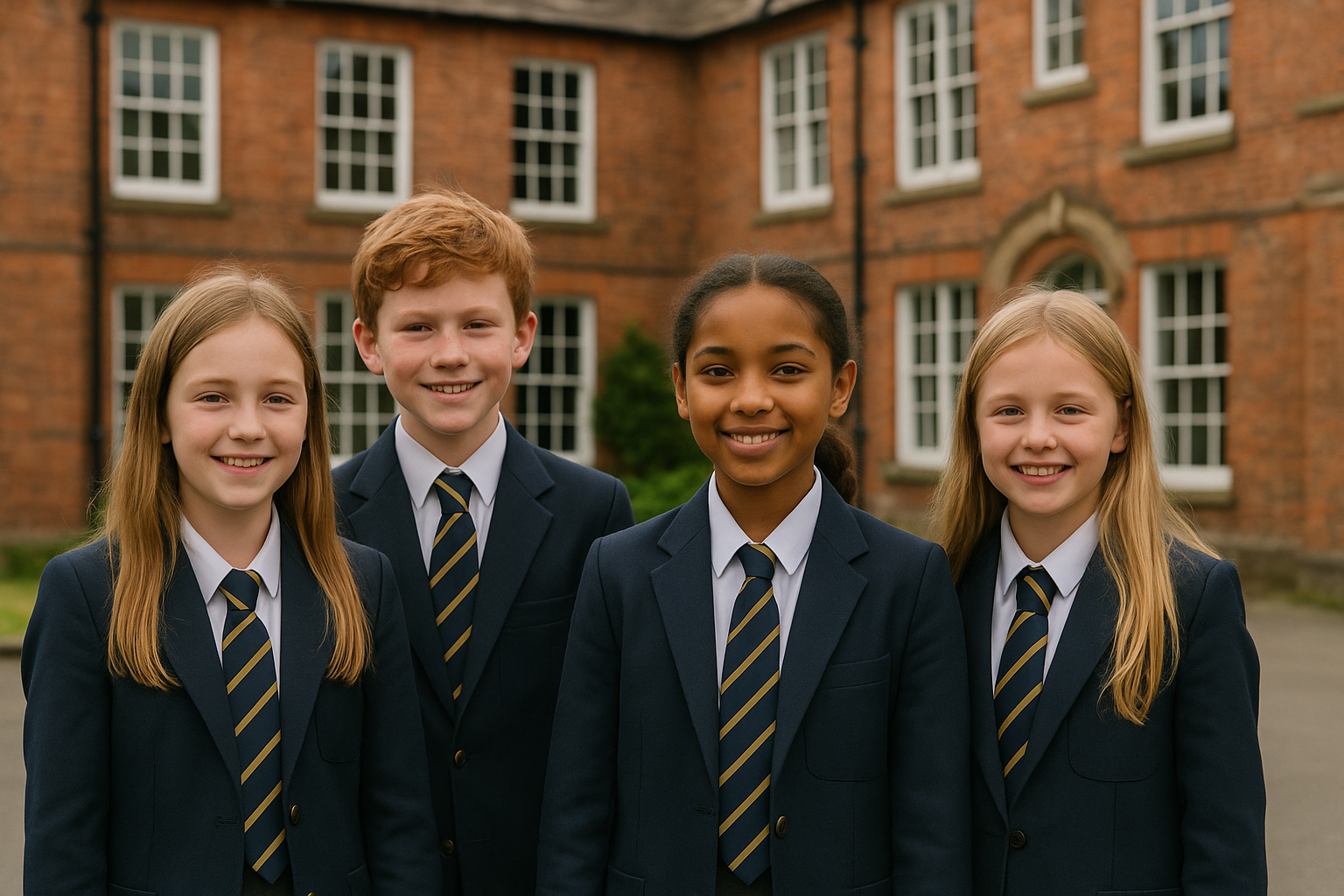 Élèves britanniques en uniforme scolaire devant une école en Angleterre